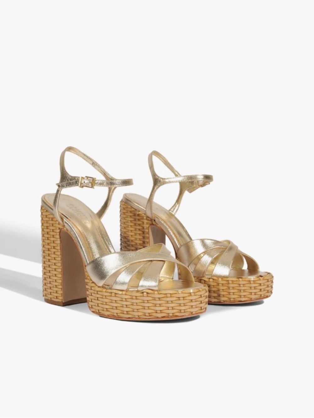 Metallic Gold Platform Woven-Trim Block Heel Sandals